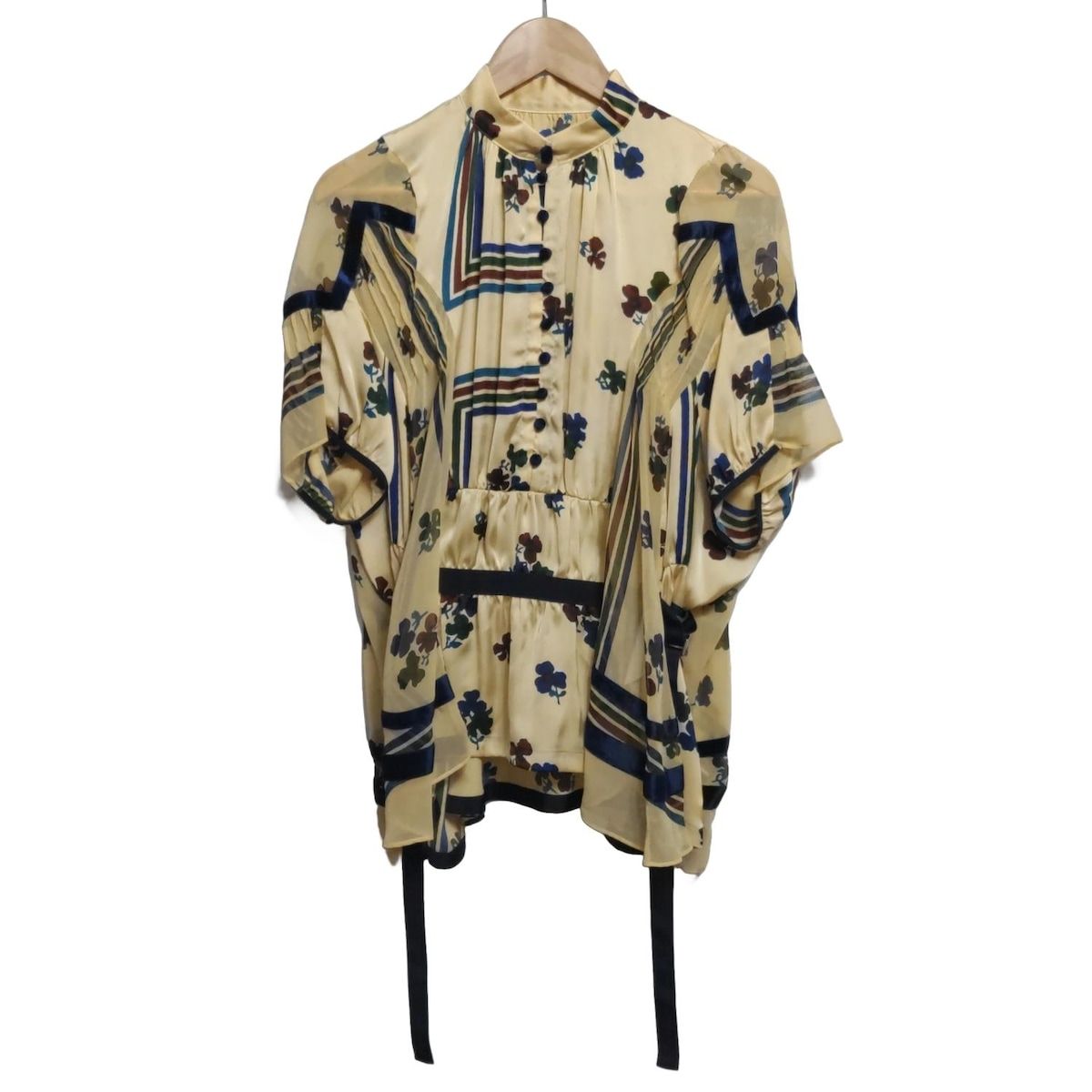 Sacai サカイ 半袖シャツブラウス サイズ1 S レディース - 17-03353 クリームイエロー×ネイビー×マルチ プルオーバー シースルー 花柄