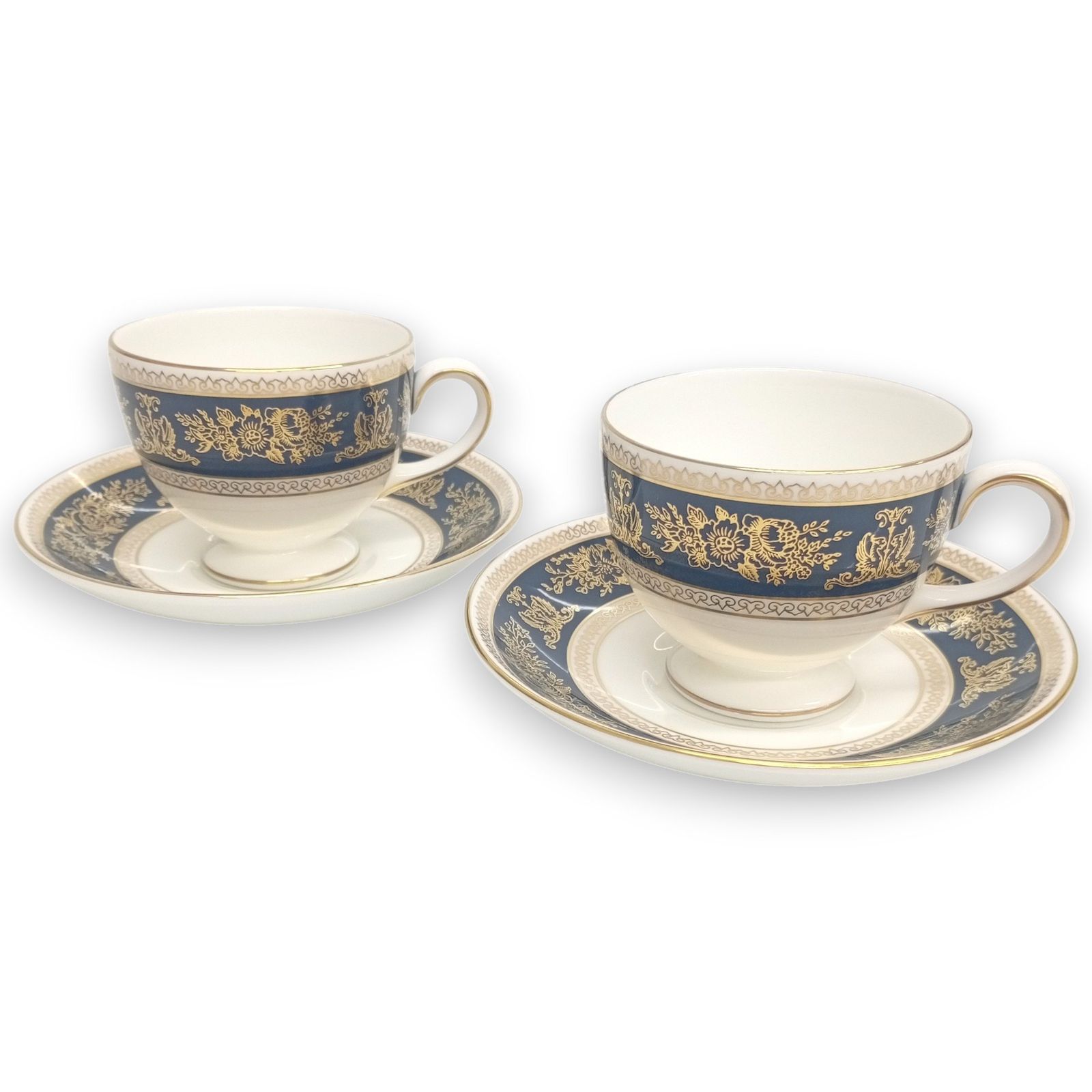 ウェッジウッド コロンビア ブルー-ゴールド ティーカップ-ソーサー 2客セット ペア カップ JA-22826