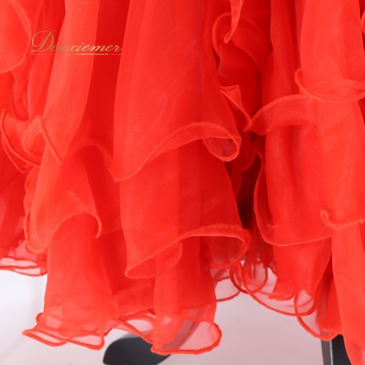 社交ダンス 衣装 ドレス ワンピース ドレス 赤 フリル パーティ 発表会 デモ レース レッド系 フ スカート ダンスパーティ おしゃれ 発表 会場用 演出用 かわいい ふんわり レディース Mサイズ パーティー衣装
