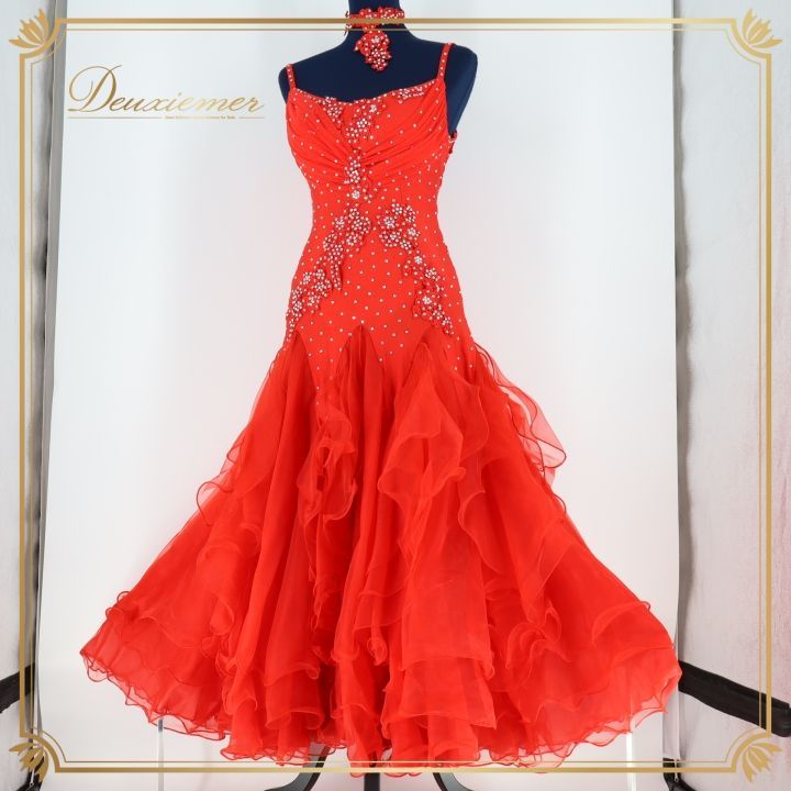 社交ダンス 衣装 ドレス ワンピース ドレス 赤 フリル パーティ 発表会 デモ レース レッド系 フ スカート ダンスパーティ おしゃれ 発表 会場用 演出用 かわいい ふんわり レディース Mサイズ パーティー衣装