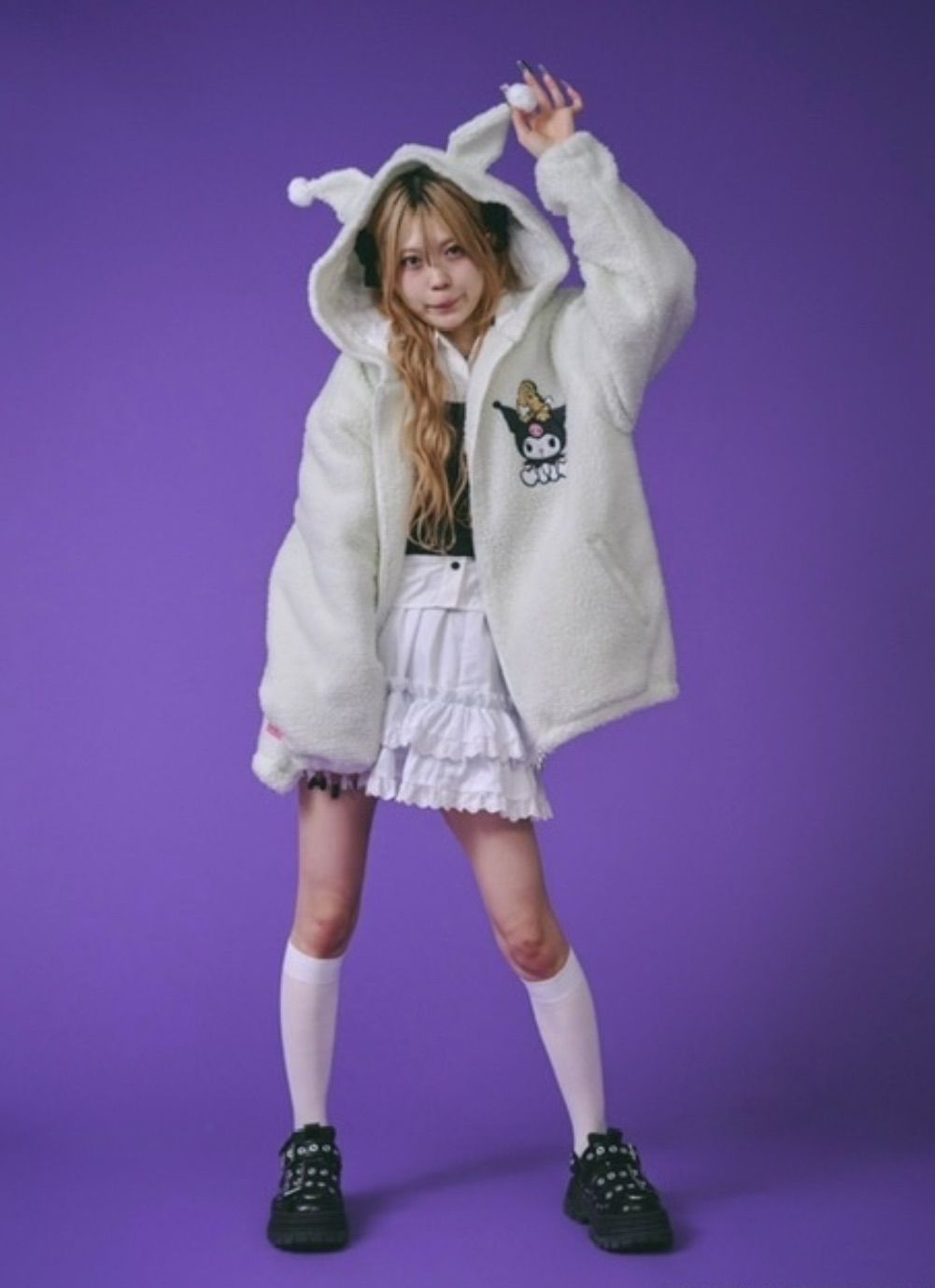 GALFY×KUROMI モコモコ丸ボアずきんパーカー ガルフィー×クロミ ファーロゴ長袖ジップアップパーカー 商品コード