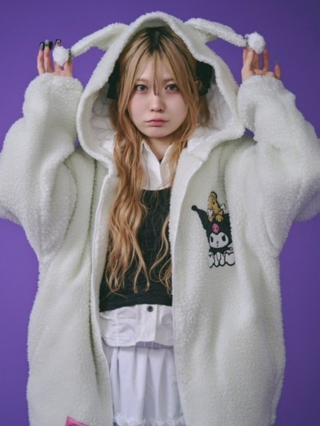 GALFY×KUROMI モコモコ丸ボアずきんパーカー ガルフィー×クロミ ファーロゴ長袖ジップアップパーカー 商品コード