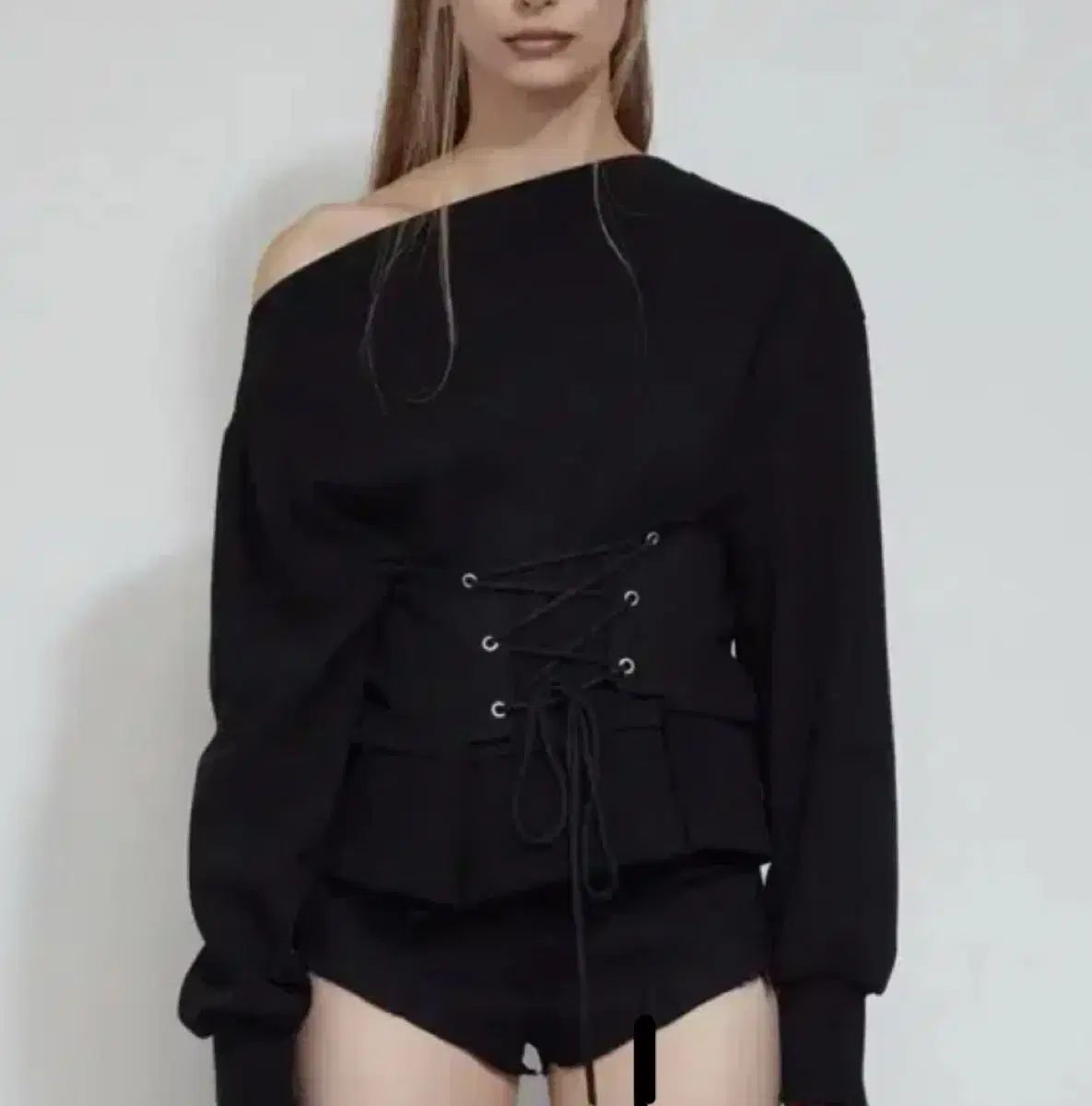 BOHEMSEO ボヘミアンソウル コルセット 片方オフショルダー スウェットシャツ ブラック