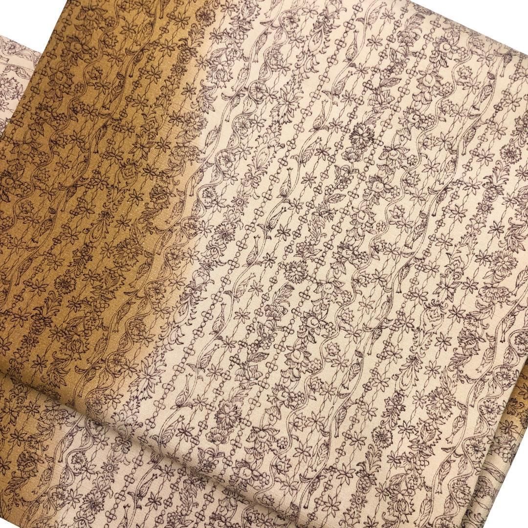 作り帯 付け帯 袋帯 紬 縦縞花唐草模様 山吹鼠色 O-5588