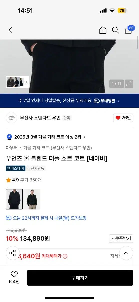 MUSINSA STANDARD ムシンサ ウィメンズ ウール ブレンド ダッフル ショート コート ネイビー S