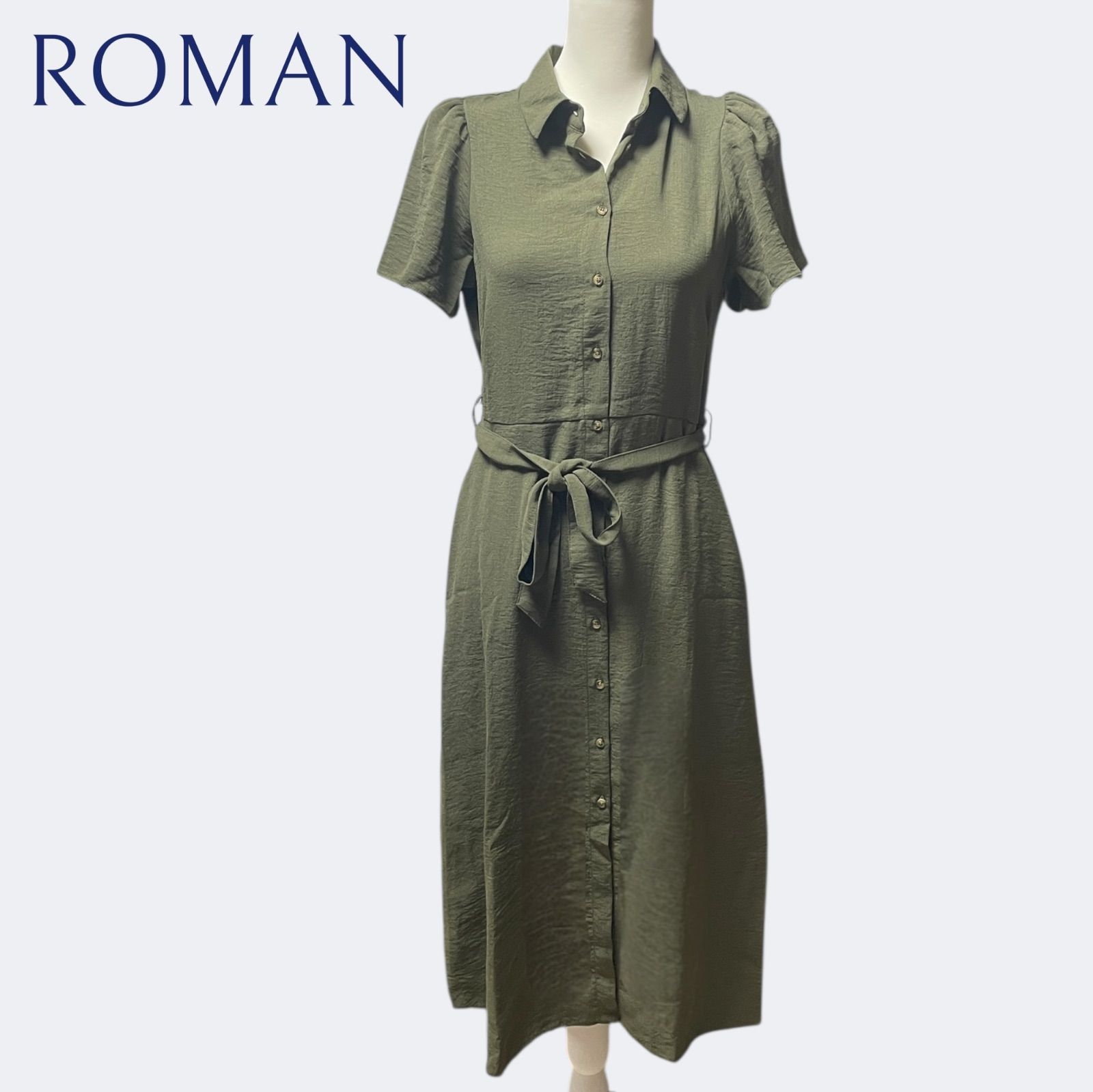 ROMANローマン スタイリッシュ大人シャツワンピース カーキーフ ML
