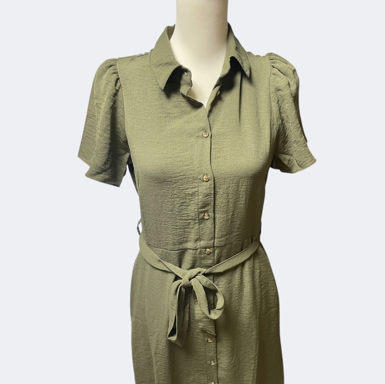 スタイリッシュ大人シャツワンピース カーキーフ