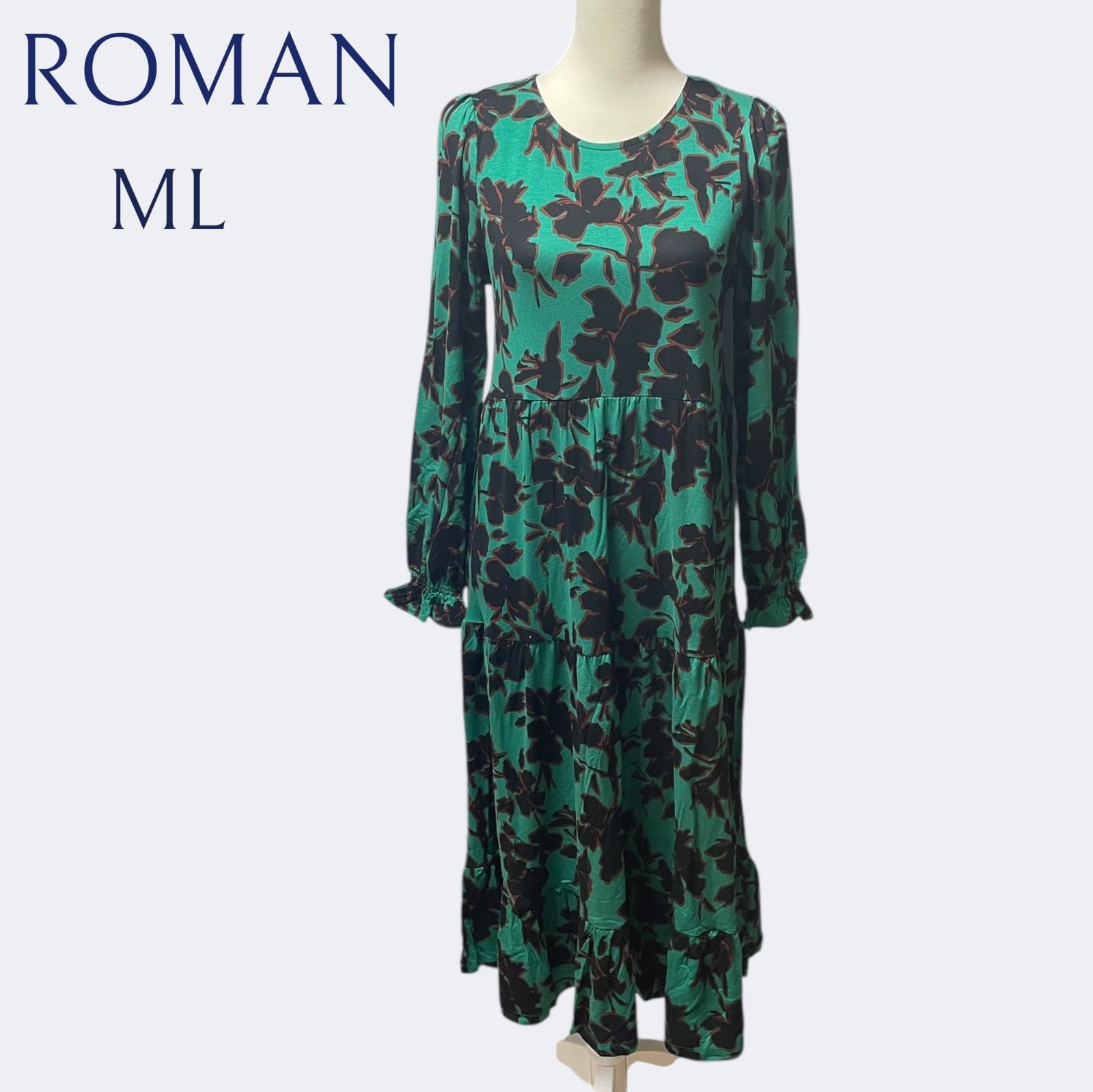 ROMANローマン 花柄大人グリーンのフ ロングワンピース ML