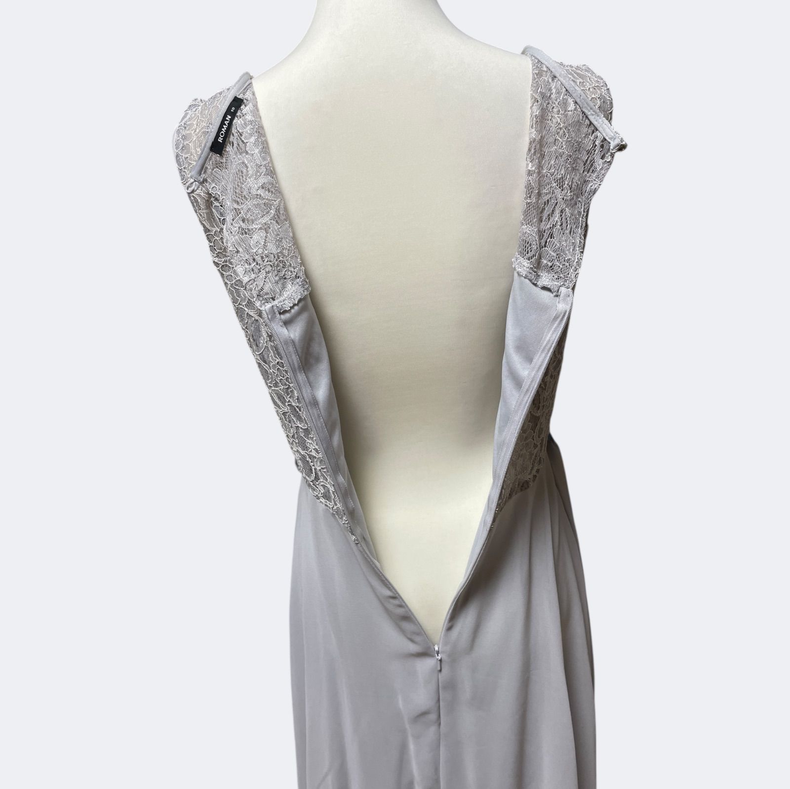 ROMANローマン 淡グレーお花柄スパンコールレースのシフォンアシメトリーフ ドレス ML MAAHADDERANG_COM