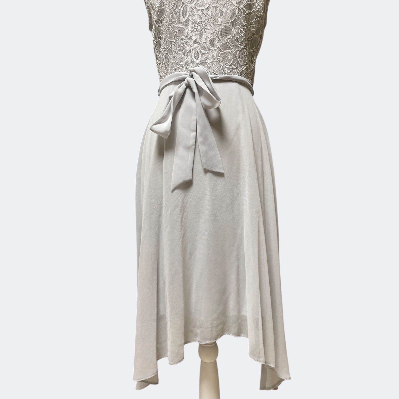 淡グレーお花柄スパンコールレースのシフォンアシメトリーフ ドレス