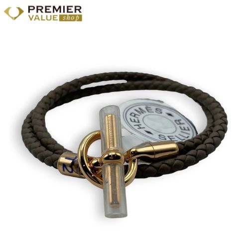 エルメス レザーブレスレット グレナン ドゥブルトゥール トレッセ T2 15.5cm エトゥープ ヴォー スウィフト ゴールデンローズ金具