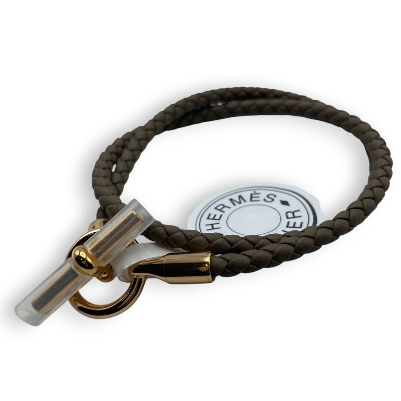 エルメス レザーブレスレット グレナン ドゥブルトゥール トレッセ T2 15.5cm エトゥープ ヴォー スウィフト ゴールデンローズ金具