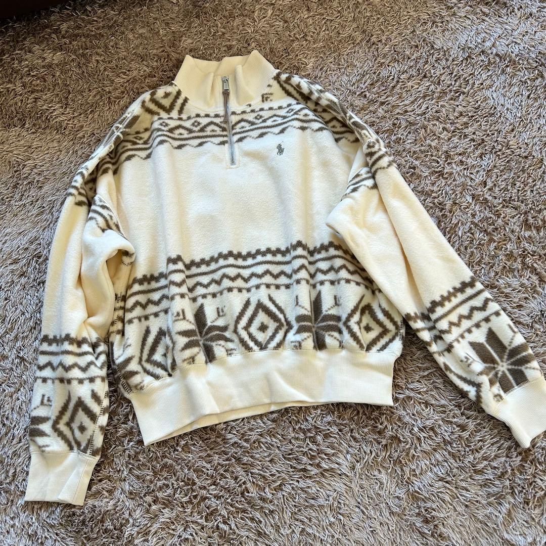 POLO RALPH LAUREN ノルディック柄 ハーフジップ フリース トレーナー M アイボリー×ブラウン 上品デザイン Re Wear シェノン