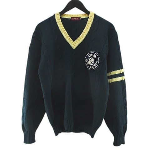 チャップス CHAPS ラルフローレン RALPH LAUREN 長袖 ケーブル ニット セーター M 緑系 グリーン Vネック ワッペン リブ 毛 ウール
