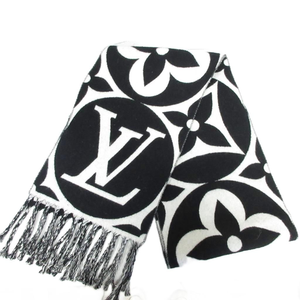 ルイヴィトン LOUIS VUITTON 現行 M79212 フライトモード マフラー LVメダリオン ストール フリンジ S00 ノワール モノクロ ブラックホワイト MNK2
