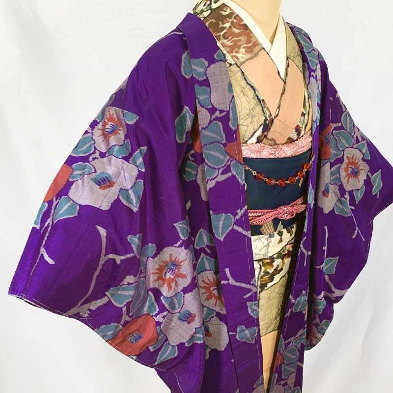 511aa18 アンティーク長羽織 椿 つばき 銘仙 大正ロマン 昭和レトロ