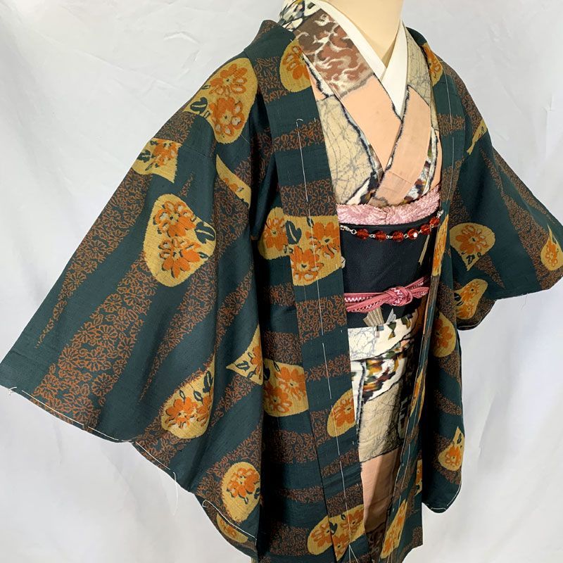 511aa19 アンティーク長羽織 菊 小花 銘仙 大正ロマン 昭和レトロ