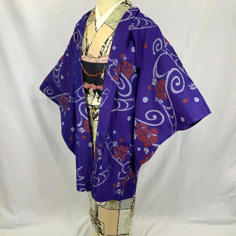 511aa21 アンティーク羽織 銘仙 牡丹 薔薇 流水 大正ロマン 昭和レトロ