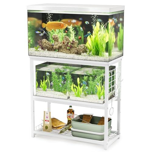 DEWEL 水槽台 棚 スタンド 白 ラック ウッドデコスタンド 三段式 中棚板高さ調整 フック付き 総耐荷重約120kg 頑丈 スチール 錆びにくい シェルフ アジャスター付き 幅65×奥行き30cm水槽用 ホワイト 649a867a