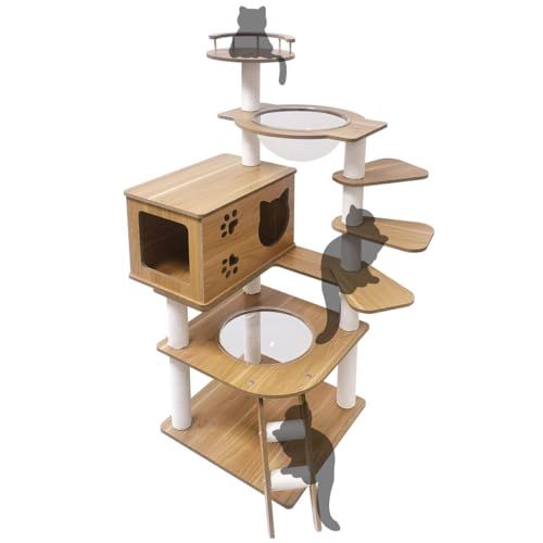 日本メーカー RAKU キャットタワー 木製 シニア猫 太った猫 短足猫 子猫向け 透明ボウル ハンモック宇宙船付き 高さ約130 cm 多頭飼い 猫ハウス 角丸加工 掃除簡単 多ステップ 階段付き ホワイトコットン支柱 爪とぎポール 木製 a72944cb
