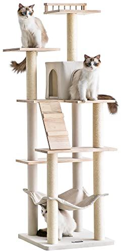 Mwpo キャットタワー 木製 シンプル 自然 天然木 大きいハンモック キャットランド 据え置き スリム設計 2つ高いベッド 多頭飼い 高さ162 cm 麻紐 130 Pro 118 ba 4 d 7