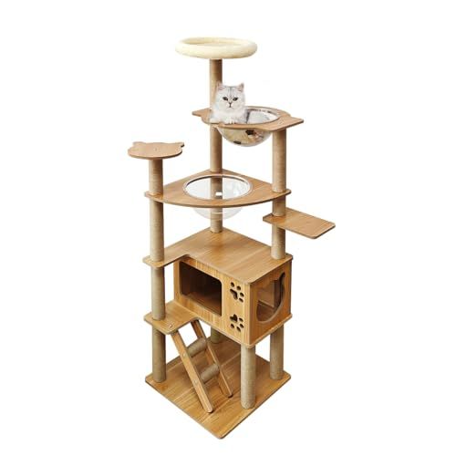 日本メーカー RAKU キャットタワー 木製 宇宙船付き 高さ約160 cm 子猫 短足猫向け 多頭飼い 猫ハウス 爪とぎ支柱ポール 丸角デザイン 猫タワー 据え置き ホワイトコットン支柱 シンプル お手入れ簡単 キャットタワ-M 麻 8080dab4