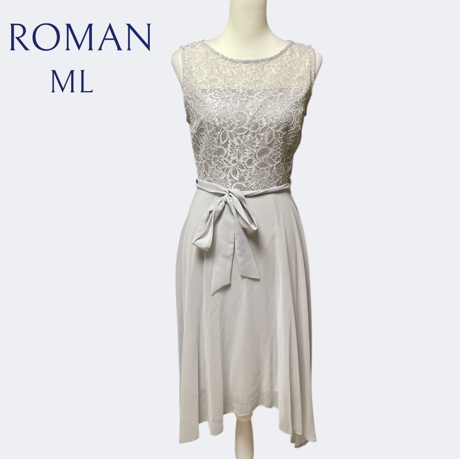 ROMANローマン 淡グレーお花柄スパンコールレースのシフォンアシメトリーフ ドレス ML