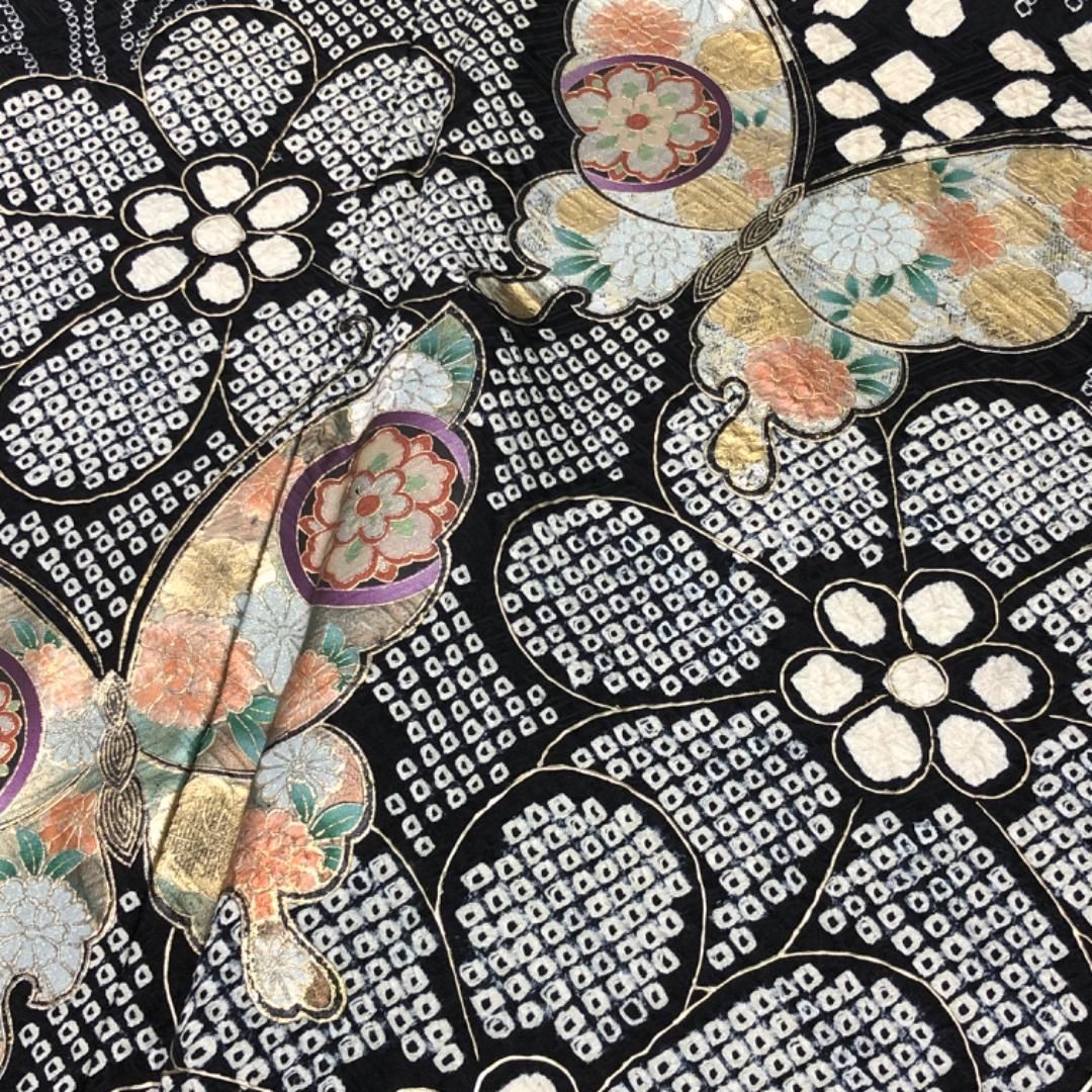 ☆ 振袖 総絞り 波模様に蝶々 花模様 菊 黒色 トールサイズ K-5454 ☆ 振袖 総絞り 波模様に蝶々 花模様 菊 黒色 トールサイズ K-5454