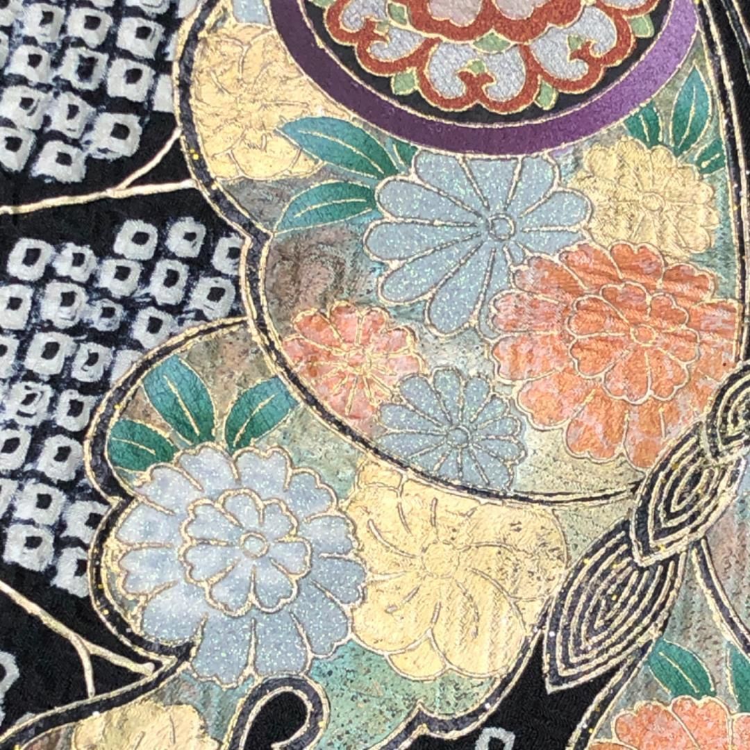 振袖 総絞り 波模様に蝶々 花模様 菊 黒色 金彩 トールサイズ K-5454