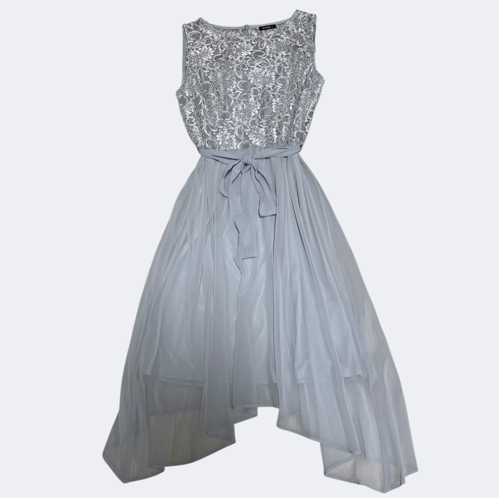 ROMANローマン 淡グレーお花柄スパンコールレースのシフォンアシメトリーフ