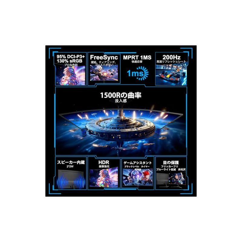 Minifire モニター27インチ 湾曲ゲーミングモニター 180 Hz 1 Ms 1500 R曲面 非光沢 ディスプレイ スピーカー内蔵 AMD FreeSync HDR 10 PS 5対応 300 cd 輝度 178° 3000 1コントラスト比 VESA対応 周辺機器 Wii