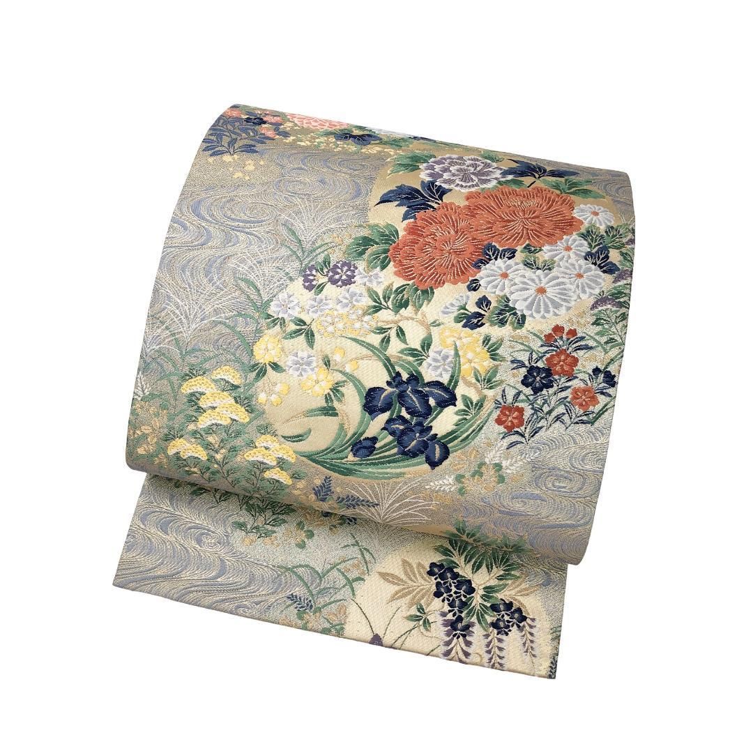 袋帯 流水に花模様 菖蒲 菊 萩 芒 東京白茶色 O-5621