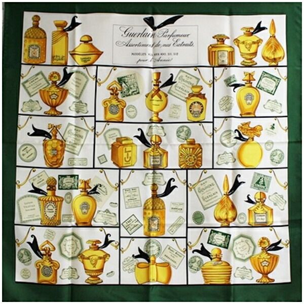 ゲラン シルク スカーフ グリーン アイボリー 香水瓶柄