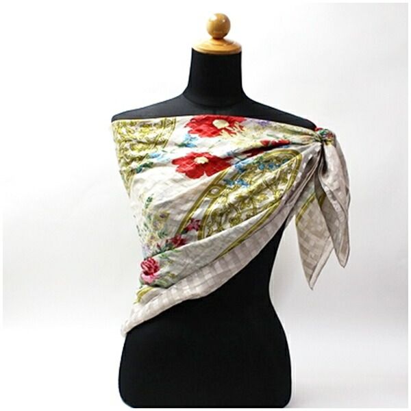 ランセル シルク 大判スカーフ ベージュ ゴールド 花柄 Aランク