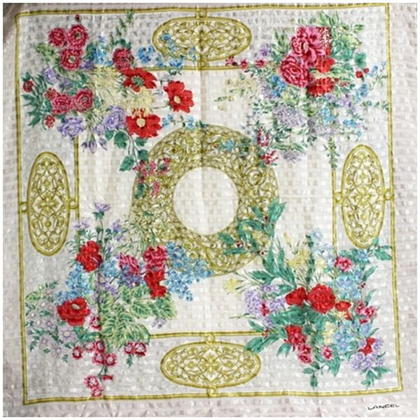 ランセル シルク 大判スカーフ ベージュ ゴールド 花柄 Aランク