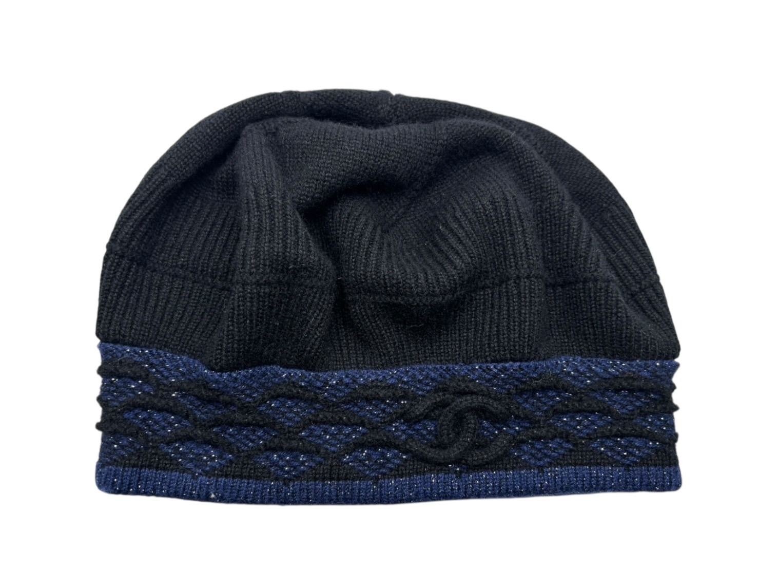 CHANEL シャネル ベレー帽 ニット帽 ニットベレー ココマーク ブラック ブルー 金属繊維 帽子 4c074476
