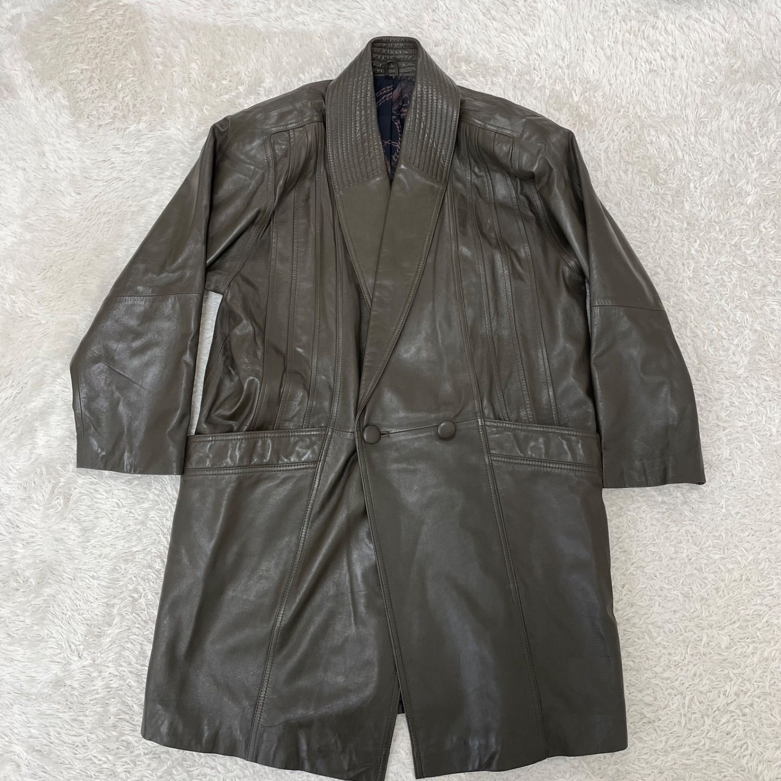 裏地総柄 ラムレザーロングコート 羊革 本革 フリーサイズ ダブル