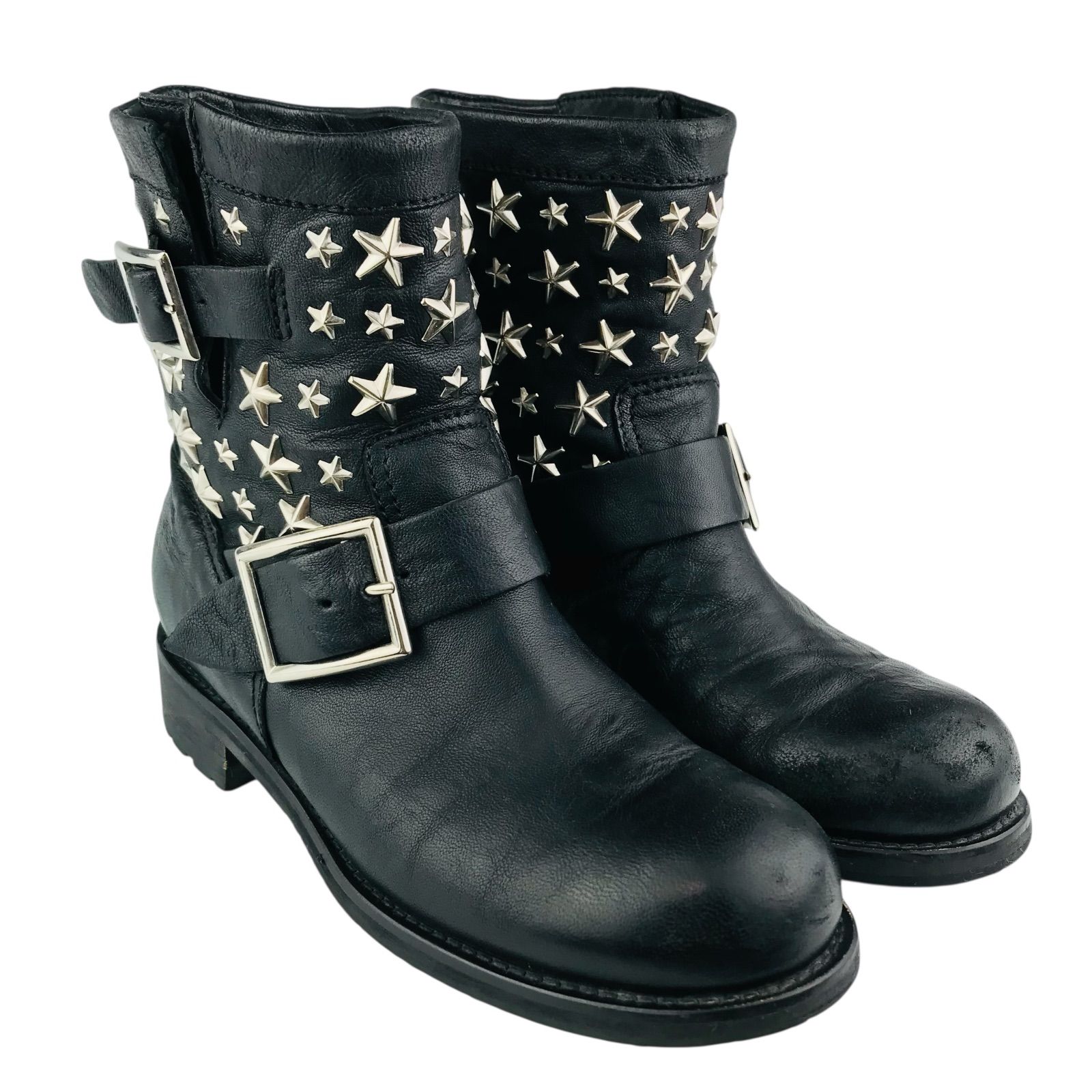 JIMMY CHOO ジミーチュウ レディース レザー スタースタッズ付き ショートブーツ JAPAN EXCLUSIVE EDITION 34.5 日本 イタリア製 レディースブーツ ブーツ 秋冬物 カジュアル ブラック 靴 エンジニアブーツ