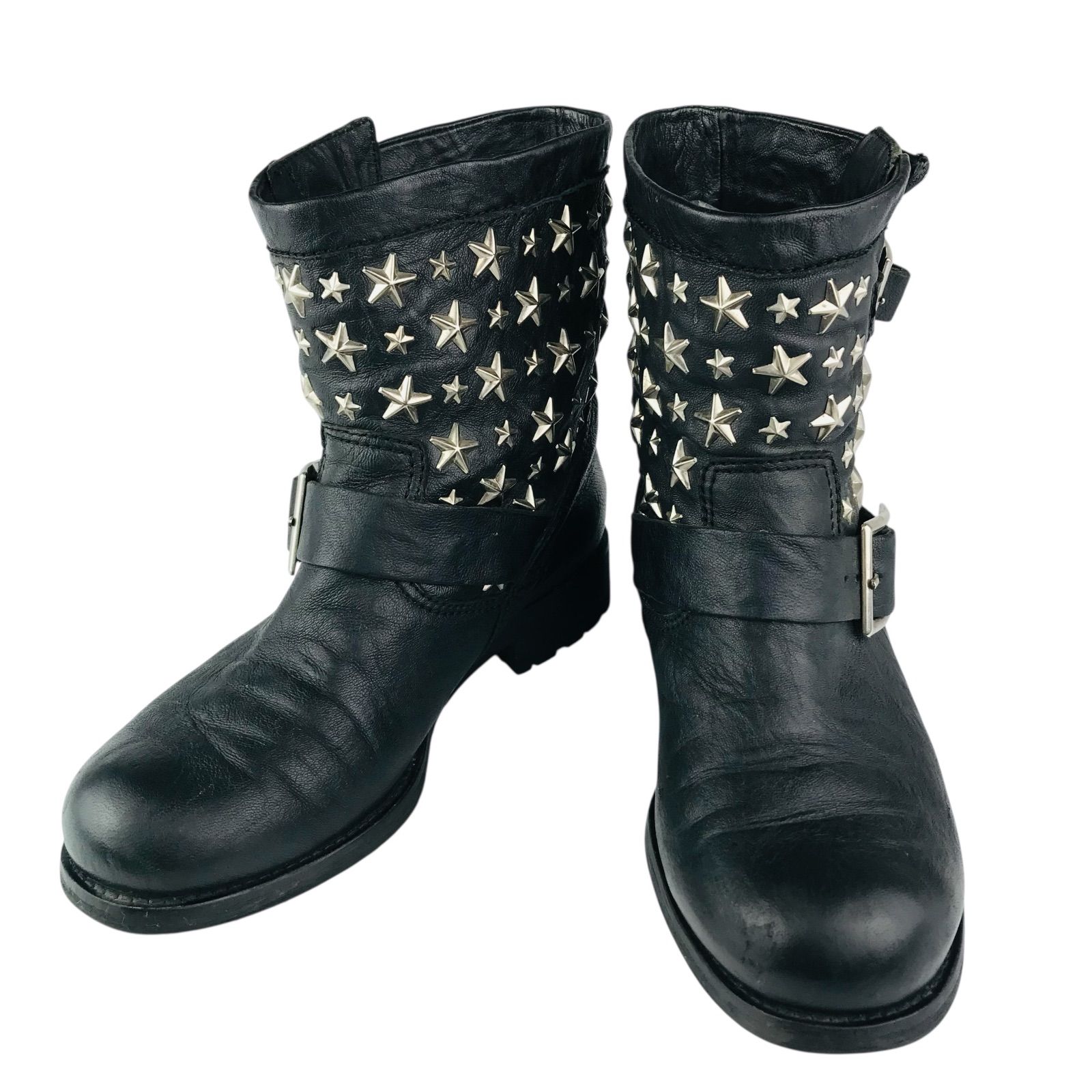 JIMMY CHOO スタースタッズ エンジニア ショートブーツ 35 美品☆JIMMY CHOO・ジミーチュウ レディース レザー スタースタッズ