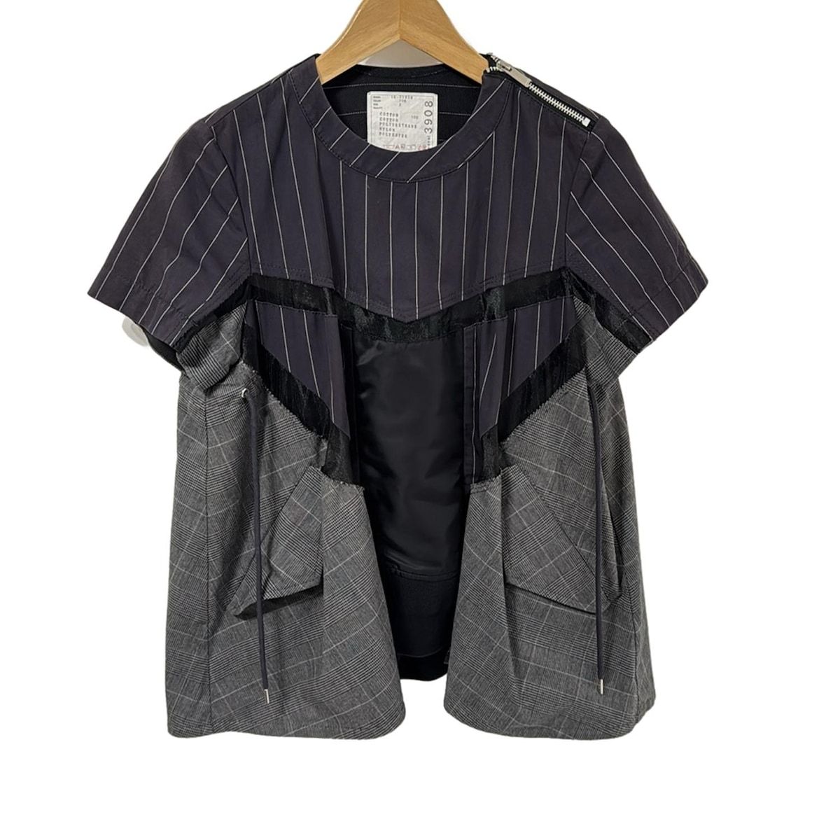 サカイ 半袖カットソー サイズ2 M レディース - 18-03908 ダークネイビー×グレー×マルチ 異素材 再構築 ストライプ チェック柄 シアー