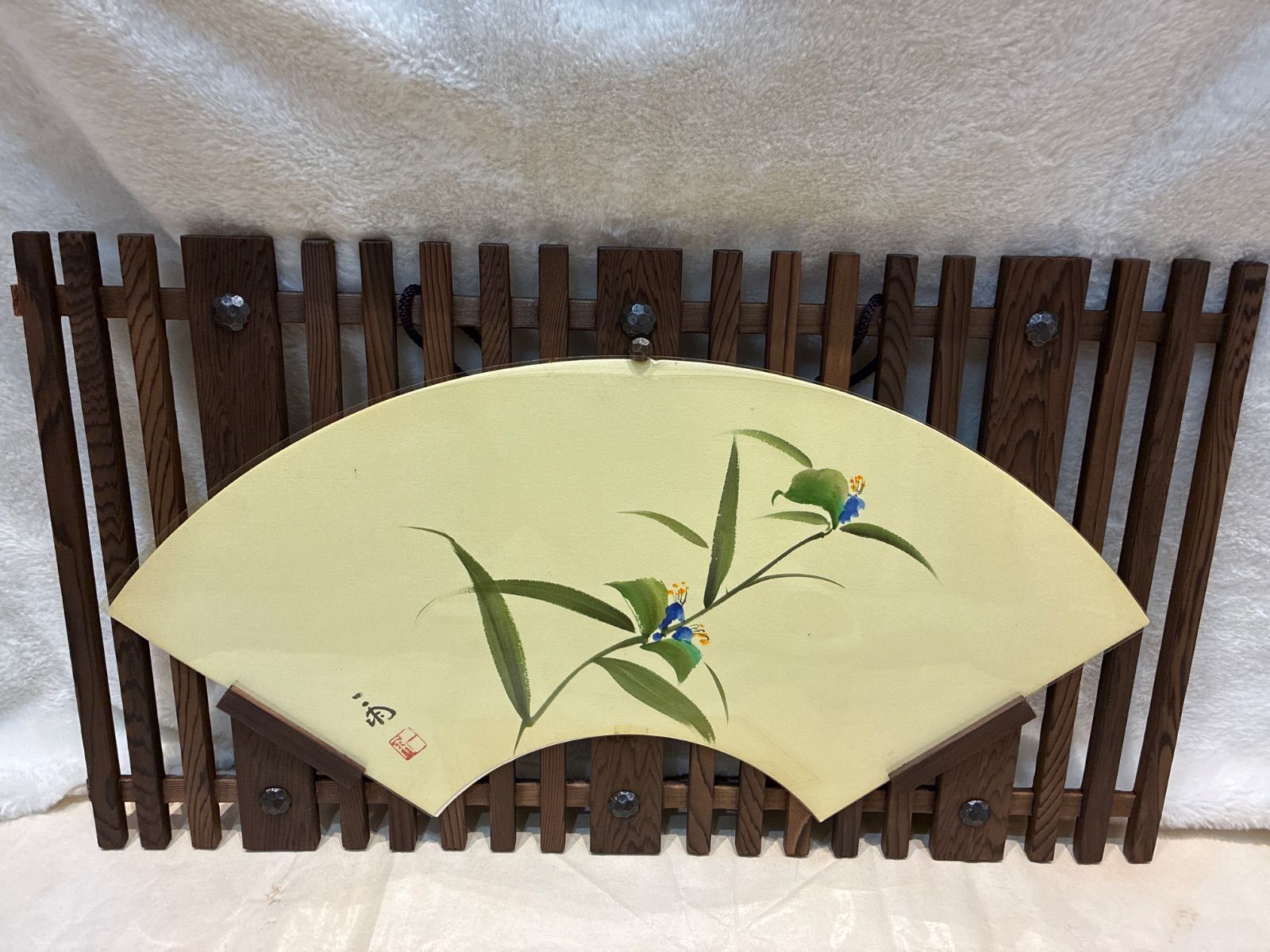 扇面 中華図 一雨作 落款あり 杉木製