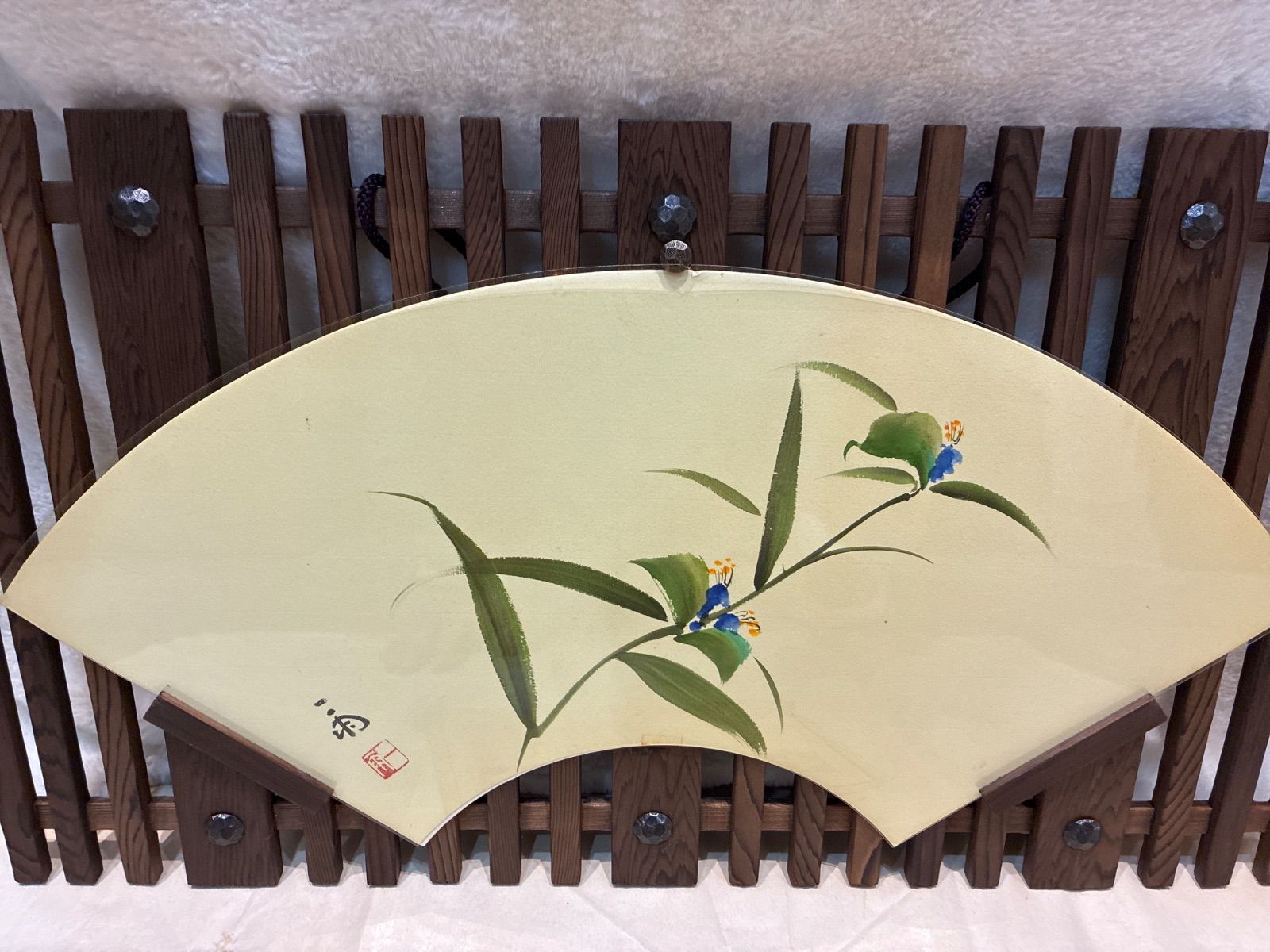 扇面 中華図 一雨作 落款あり 杉木製