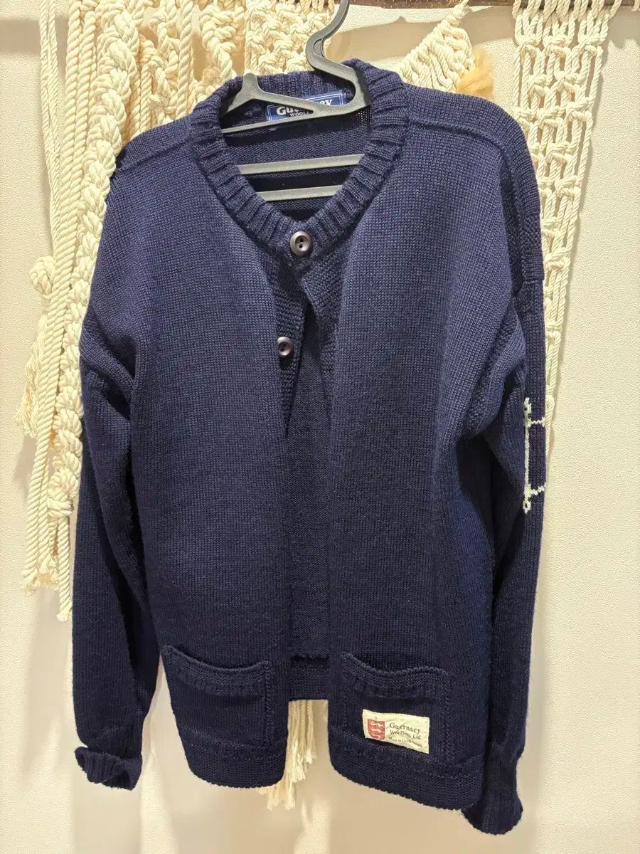 ガンジーウーレンズ フィッシャーマン ピュア ウール カーディガン 42 ネイビー
