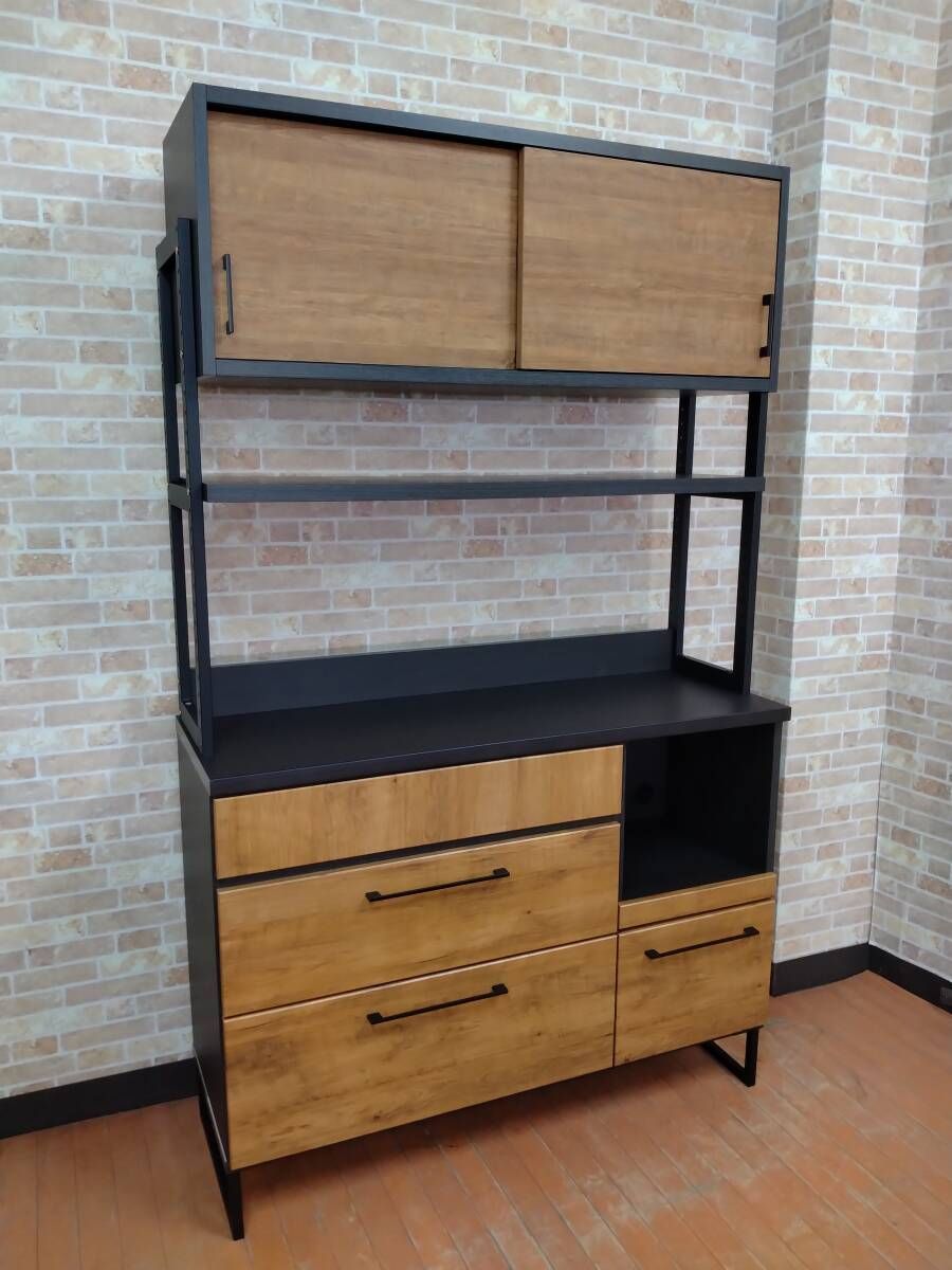 一部地域除く 120レンジボード 食器棚 アイアン 引き戸 上部高さ調整 国産品