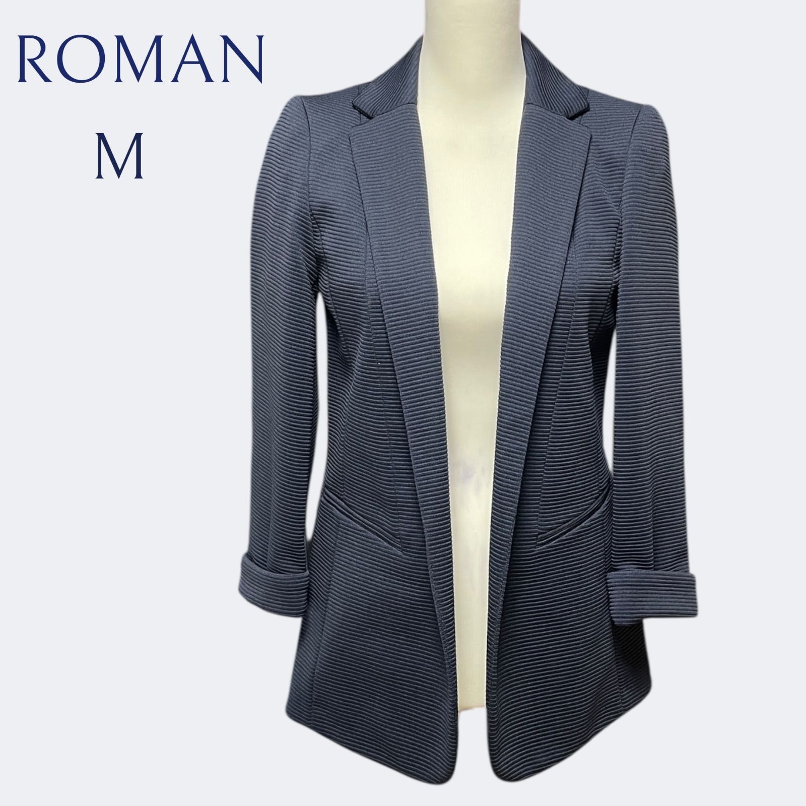ROMANローマン スタイリッシュ上品シルエット ネイビーリブジャッケット M
