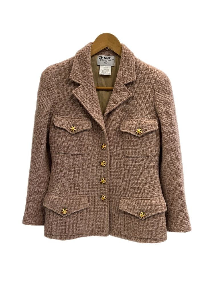 シャネル CHANEL 96 A ウールツイードジャケット 金ボタン ココボタン ブテック ピンク 茶 ジャケット 40 101 LT 193