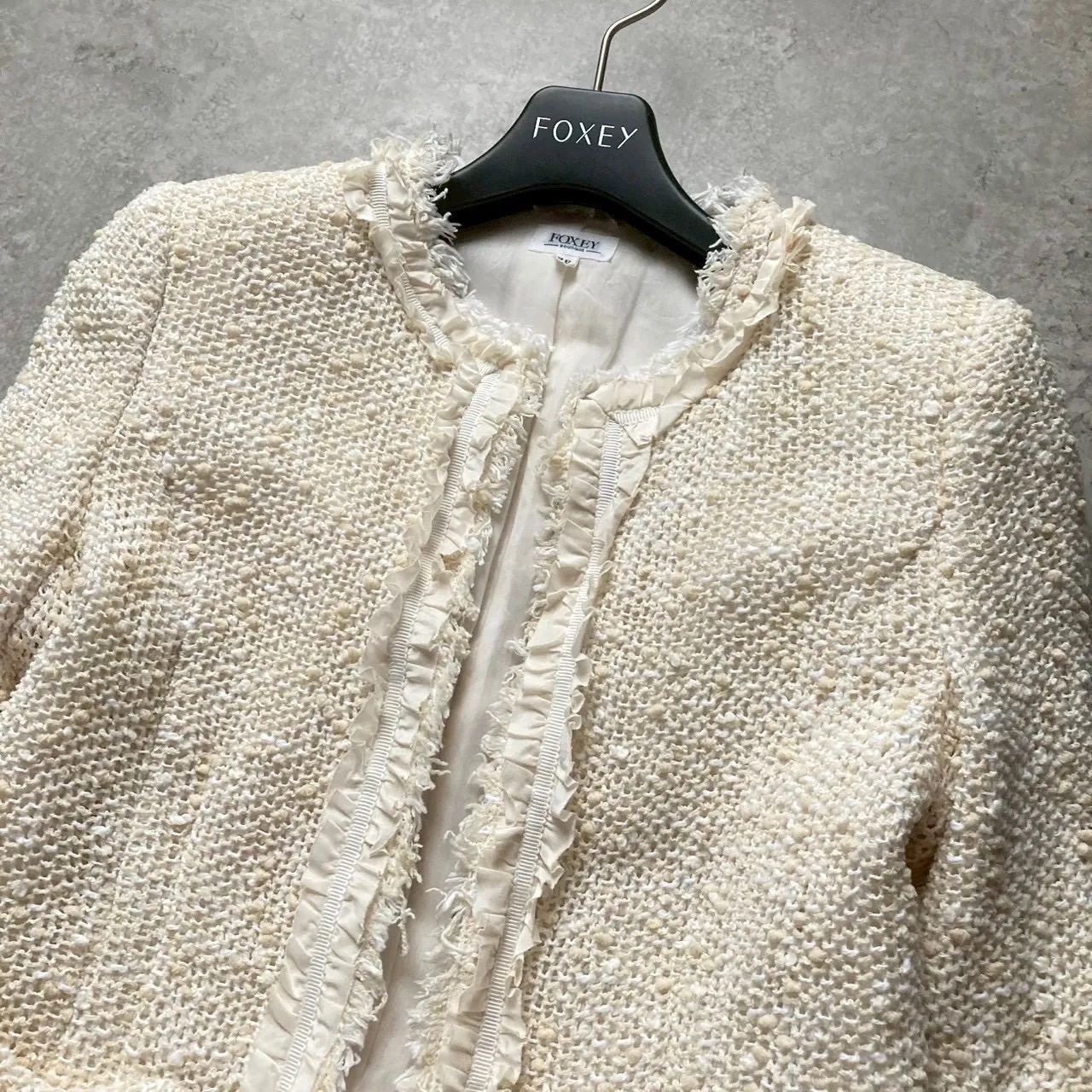 FOXEY BOUTIQUE 白ツイードジャケット38 美品 FOXEY スノーフレーク 