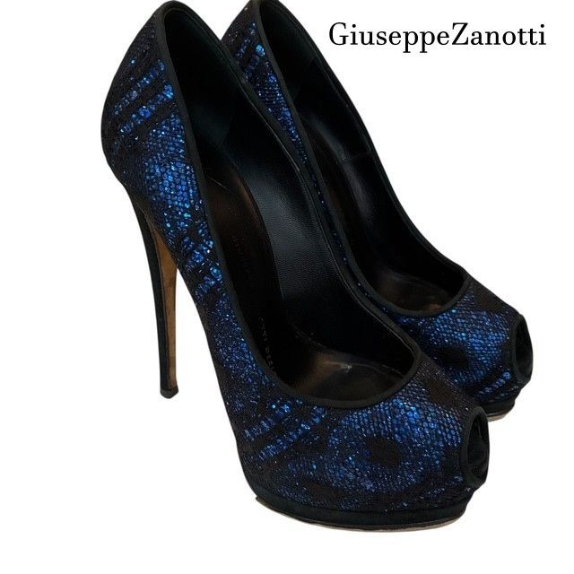 ジュゼッペ ザノッティ Giuseppe Zanotti Design 14cmヒール ブルーグリッター オープントゥ パンプス ハイヒールパンプス サイズ 36