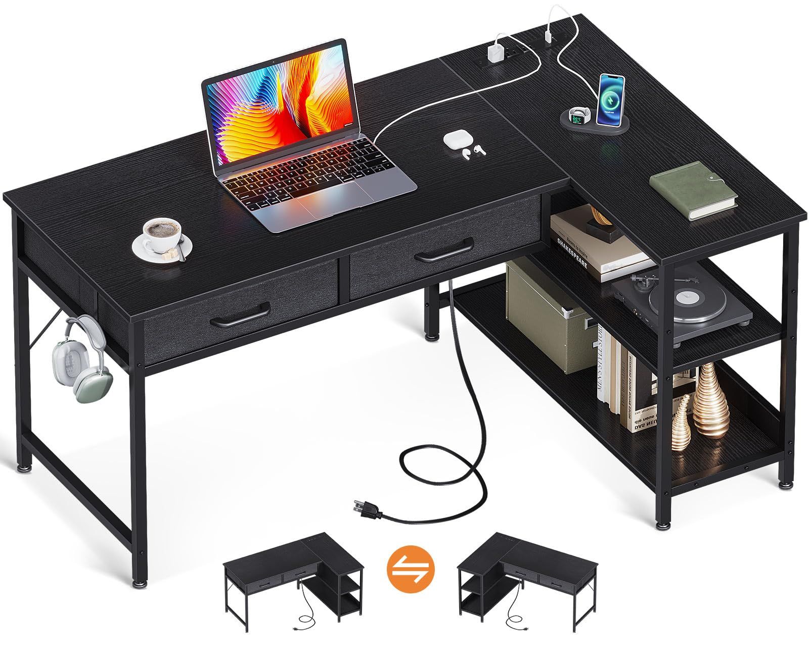 AODK パソコンデスク 引き出し2杯付き ゲーミングデスク コンセント付き l字デスク デスク 机 幅100 pcデスク 棚付き 勉強机 収納 desk 在宅勤務 仕事用 組立簡単 ブラック