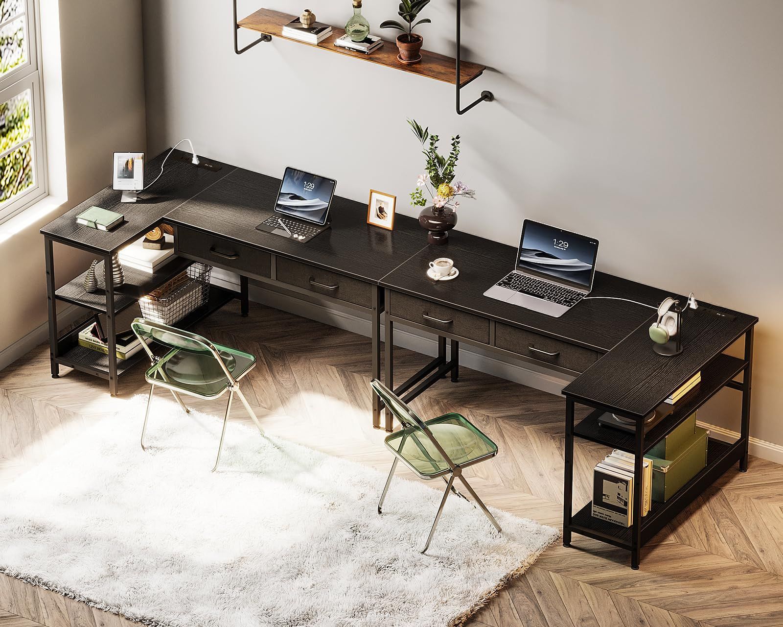 AODK パソコンデスク 引き出し2杯付き ゲーミングデスク コンセント付き l字デスク デスク 机 幅100 pcデスク 棚付き 勉強机 収納 desk 在宅勤務 仕事用 組立簡単 ブラック MARWIL-DEMENAGEMENTS_CH